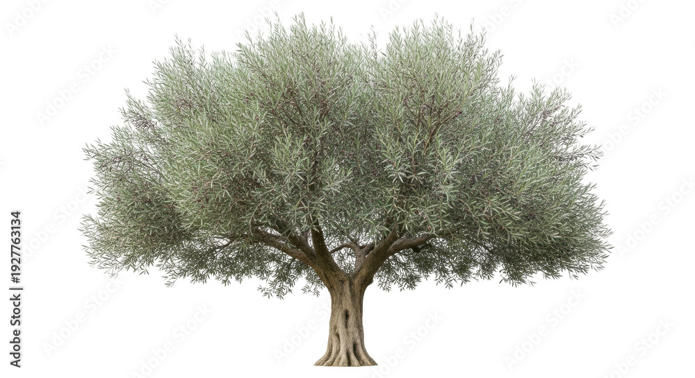 Obraz premium Isolated Olive Tree, silvery green foliage, branches and trunk, typical Mediterranean vegetation