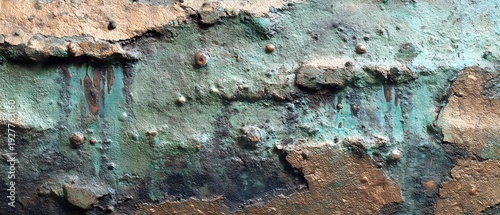 Close up texture of oxidized copper showing green and brown patina with rough surface and small bumps