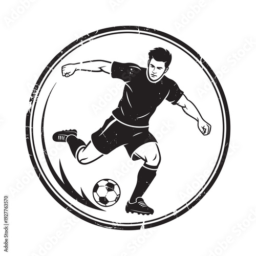 Black and white illustration of a soccer player kicking a ball within a circular frame
