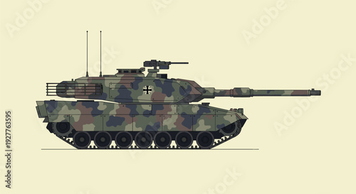 side view of a modern military tank with camouflage pattern hand drawn vector illustration