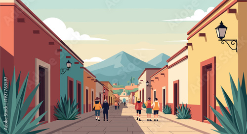 colorful mexican street with traditional houses and mountains hand drawn illustration
