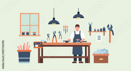 man working on woodworking project in workshop flat vector illustration