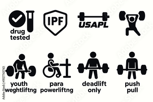 powerlifting and weightlifting icons set with drug tested and para powerlifting symbols in simple black silhouette style