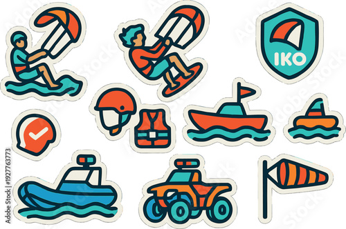 colorful water sport and safety equipment hand drawn icon collection with boats helmets and wind indicators