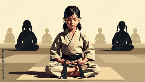 young girl in karate uniform meditating with closed eyes in a calm dojo hand drawn digital illustration