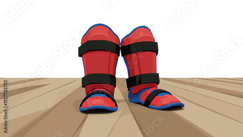red and blue hand drawn martial arts shin and foot guards with black straps on wooden floor