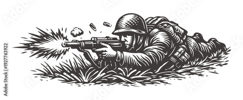 Soldier in prone position firing rifle during intense combat mission.