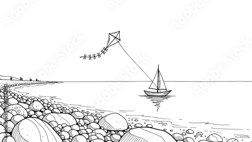 black and white hand drawn beach scene with sailboat and flying kite over rocky shore