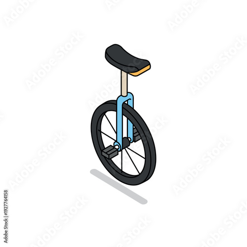 isometric hand drawn unicycle with blue frame and black seat isolated on white background