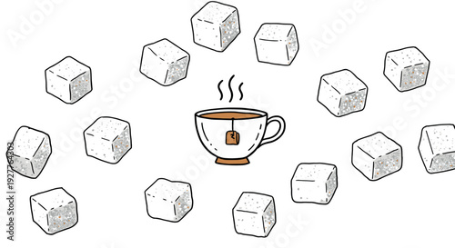 hand drawn cup of hot tea with sugar cubes scattered in a minimalist style