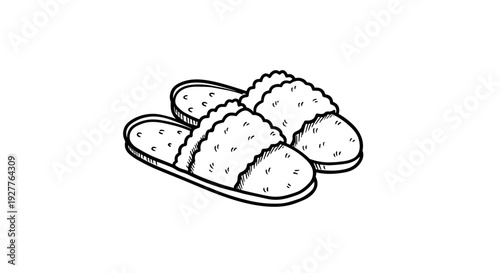 pair of fluffy hand drawn slippers in black and white line art style