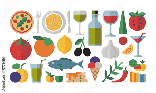 Italian cuisine food and beverage icons flat vector set illustration, easily editable.