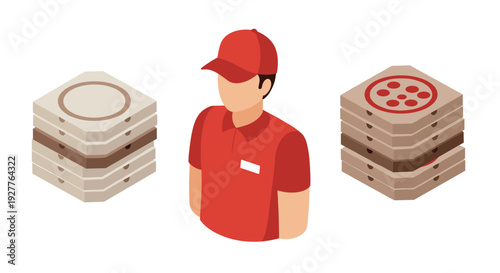 isometric pizza delivery man with stacks of pizza boxes in flat design for food service and delivery concept