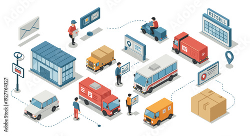 isometric delivery logistics concept with people vehicles packages and tracking in hand drawn style