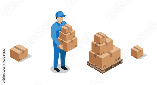 delivery worker holding stacked cardboard boxes with more boxes and pallet in isometric style
