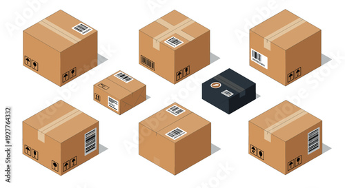 isometric set of cardboard shipping boxes with barcodes and packing tape hand drawn illustration