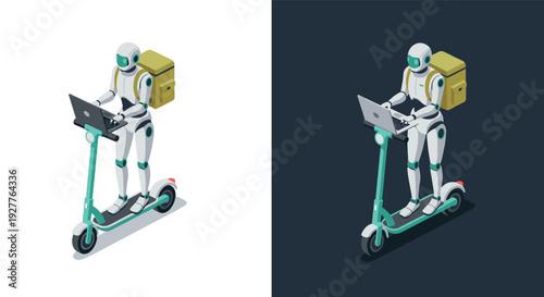 robot riding electric scooter with laptop and backpack modern isometric technology concept