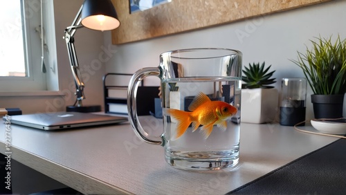 A vibrant golden goldfish gracefully swims in a clear glass mug, an unexpected aquatic companion bringing surreal whimsy to a modern, sunlit home office desk