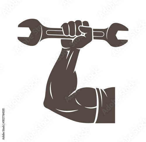 arm holding adjustable wrench above head  strong fist with tool