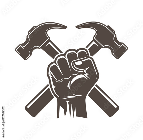A clenched fist holding two crossed hammers in a symbol of labor or industry