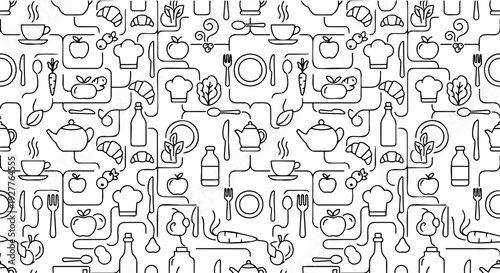 Line art seamless pattern vector of food and restaurant icons with a chef hat, teapot, croissant, and cutlery