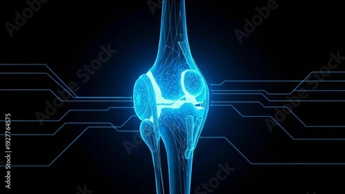 Glowing 3d Rendering Of Human Knee Joint Showcasing Anatomical Structure With Interconnected Circuitry On Dark Background Medical Technological Concepts Use In Education