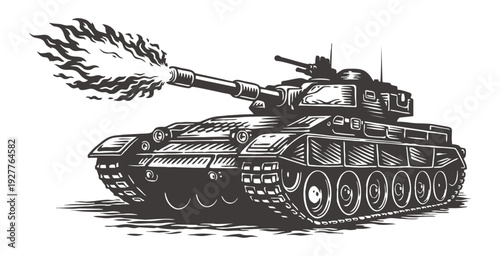 Powerful battle tank firing main gun with fire and smoke.