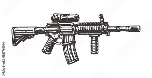 Hand drawn tactical assault rifle with optical scope and grip.