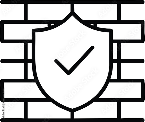Secure Network Firewall and Shield Icon, Minimalist Cybersecurity and Safety Symbol, Verified Firewall Defense Line Illustration, vector, illustration, silhouette.