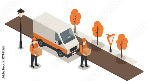 isometric delivery service van with two couriers carrying boxes on street with autumn trees and traffic sign