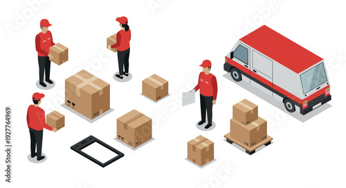 isometric delivery people with various cardboard boxes and delivery van in loading and shipping concept hand drawn illustration