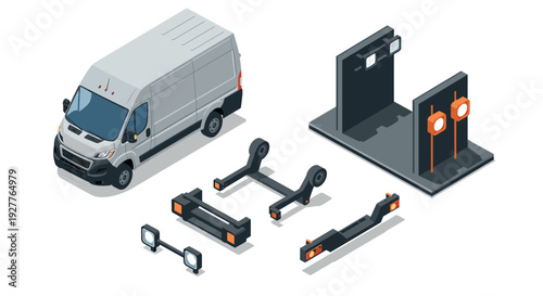 isometric white delivery van with vehicle parts and lighting equipment flat 3d illustration