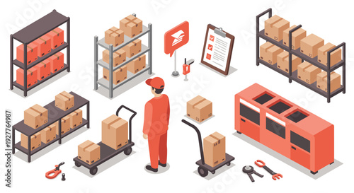 warehouse worker with cardboard boxes and storage shelves hand drawn isometric delivery and logistics illustration