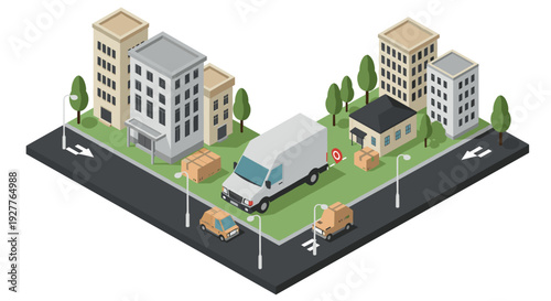 isometric delivery vehicles with packages and urban buildings in flat style