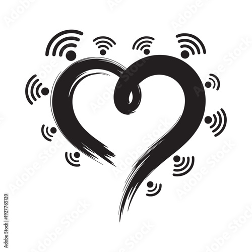A black heart shape is surrounded by radiating wifi signals representing connection and love digitally high quality