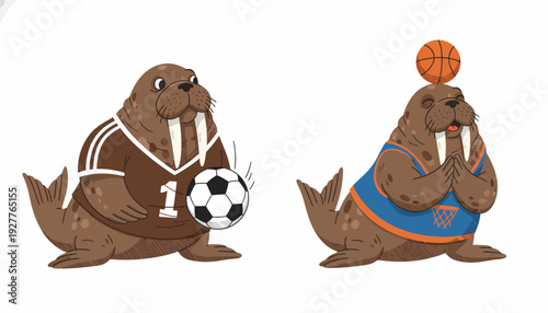 Cartoon walruses illustrate sports enthusiasm, with one playing soccer and the other balancing a basketball, embodying diverse athletic fun