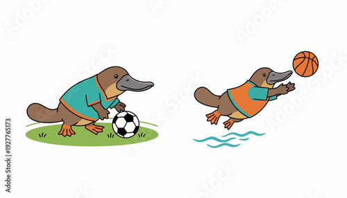 Cute cartoon platypuses playing sports one with a soccer ball, the other reaching for a basketball over water