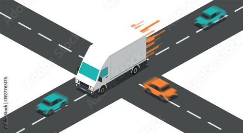 isometric delivery truck and motion cars on crossroad vector illustration