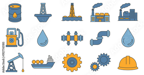 Oil and Gas Vector Icons, Industrial Energy Illustrations with Refinery, Offshore Platform, Pipeline, Pumpjack, Fuel Station, and Tanker for Infographics and Presentation Design.