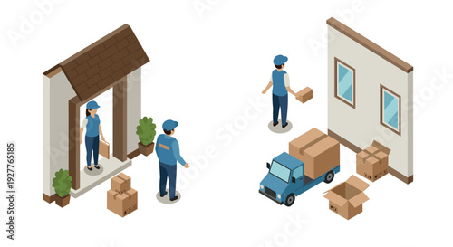 isometric delivery service with workers carrying boxes and truck near buildings in flat style