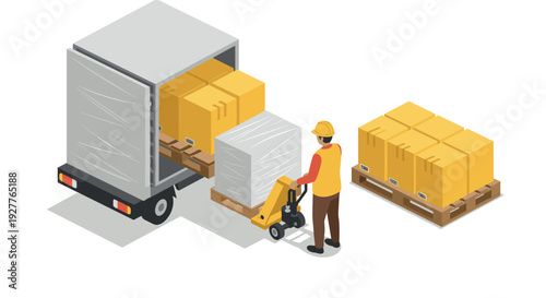 worker loading yellow boxes on pallet jack into delivery truck isometric illustration