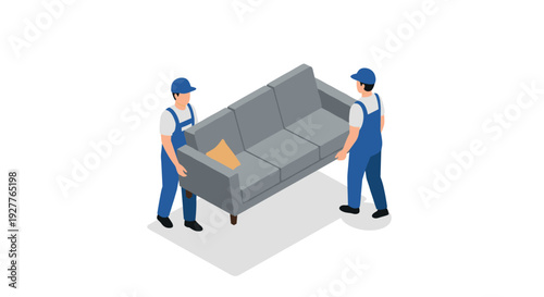 two movers carrying a gray sofa with pillow in isometric style for moving and delivery service illustration