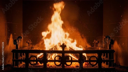 Cozy fireplace with roaring flames and decorative iron grate  