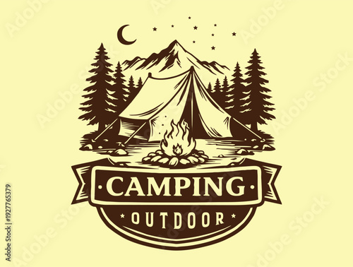 Outdoor camping badge showing tent mountains moon and starry sky.