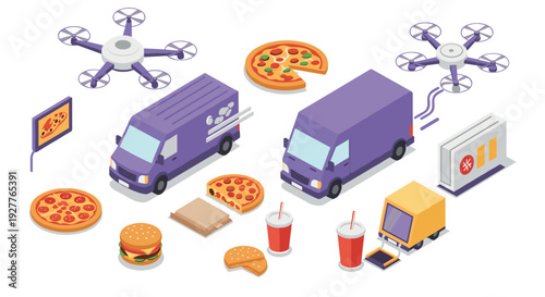 isometric food delivery set with pizza burger drinks drones and delivery vans in modern flat style