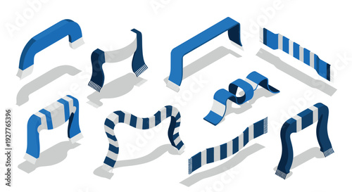 blue and white striped scarves in various shapes hand drawn isometric illustration collection for sports and winter design