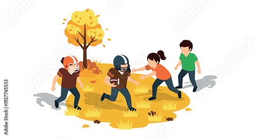 children playing football in autumn park with hand drawn flat style illustration