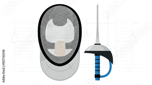 fencing mask and foil hand drawn vector illustration of modern sport equipment