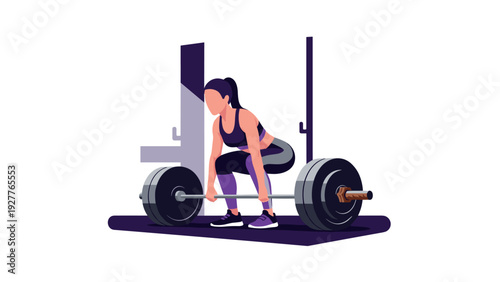 woman lifting heavy barbell weight in gym flat illustration fitness training