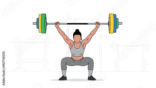 woman lifting barbell weight in gym colorful weightlifting equipment hand drawn vector illustration